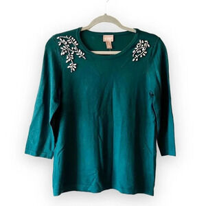 Chico’s Embellished Scoop Pullover Fashion Sweater Green‎ Women’s Size 4-6 New!